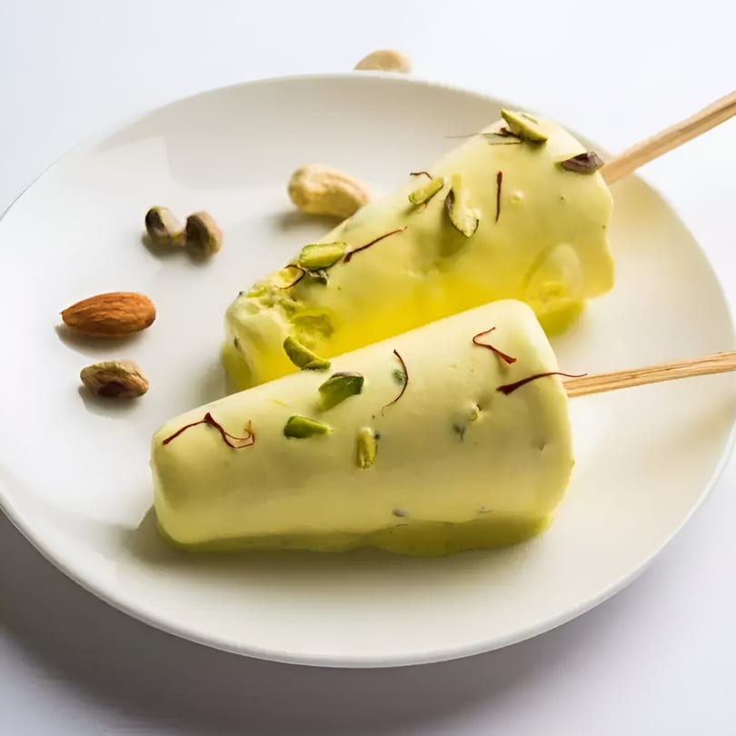Two Indian Kulfi ice cream bars with pistachios and saffron threads on a white plate.