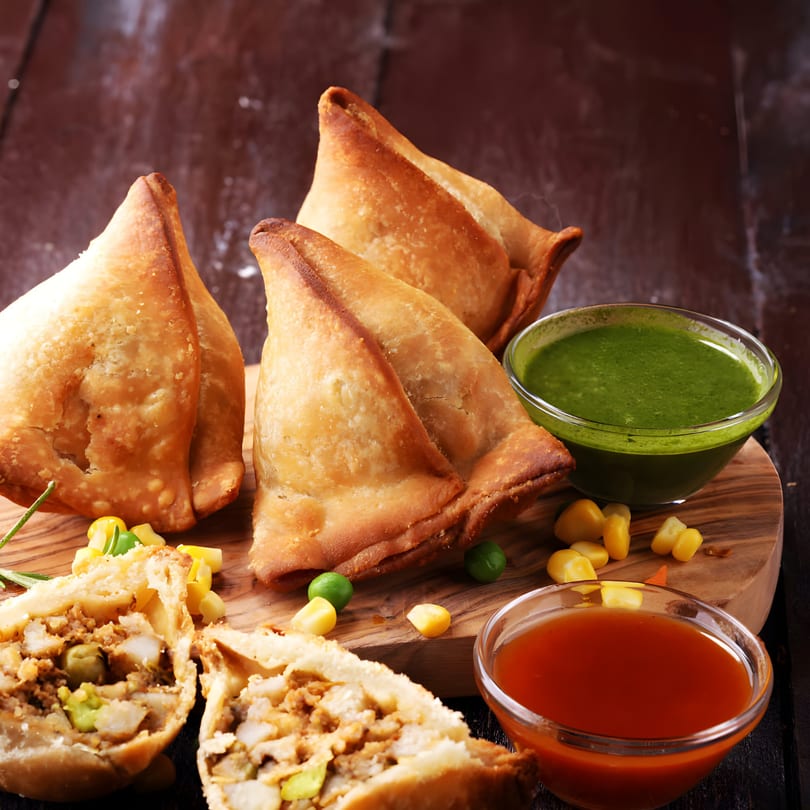 Golden-brown samosas, one cut open to show a savory filling, served with green and red chutneys.